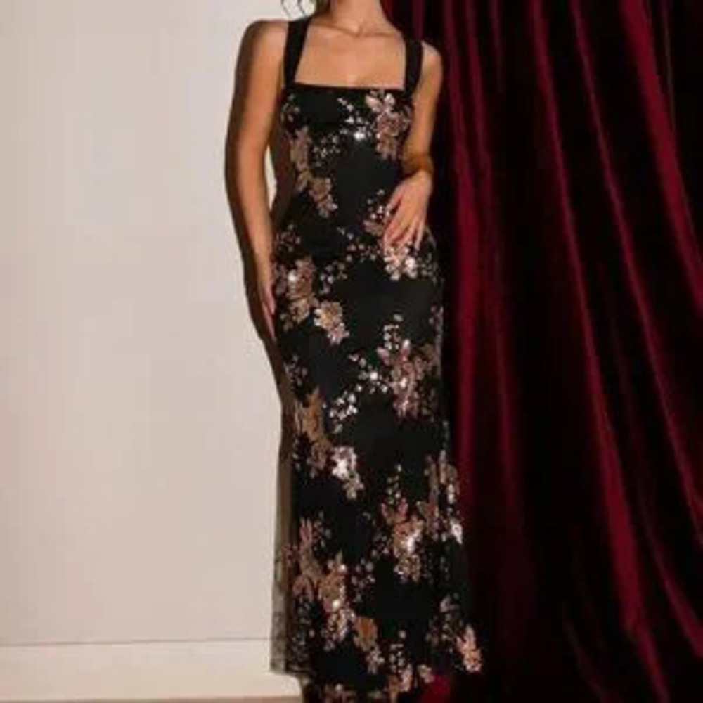 Black & Gold Boho Women's Floral Sequin Fitted Mermaid Hem Elegant Dress